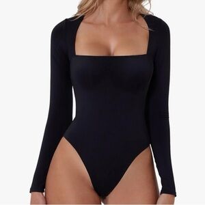QINSEN Women's Sexy Square Neck Bodysuit Long Sleeve Double Lined Shirt Top